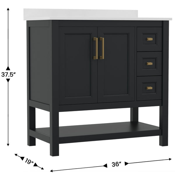 English Elm Vega Bathroom Vanity with Carrara Marble Sink, Soft-Close Storage, and Elegant Open Shelf Design Black Frame/Gold Hardware 36" FS-VEGA36-KD-BK-GLD-GG