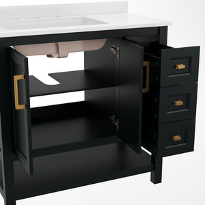 English Elm Vega Bathroom Vanity with Carrara Marble Sink, Soft-Close Storage, and Elegant Open Shelf Design Black Frame/Gold Hardware 36" FS-VEGA36-KD-BK-GLD-GG