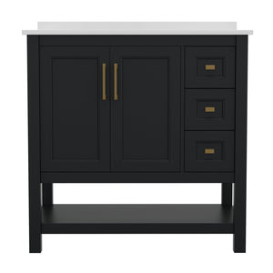 English Elm Vega Bathroom Vanity with Carrara Marble Sink, Soft-Close Storage, and Elegant Open Shelf Design Black Frame/Gold Hardware 36" FS-VEGA36-KD-BK-GLD-GG