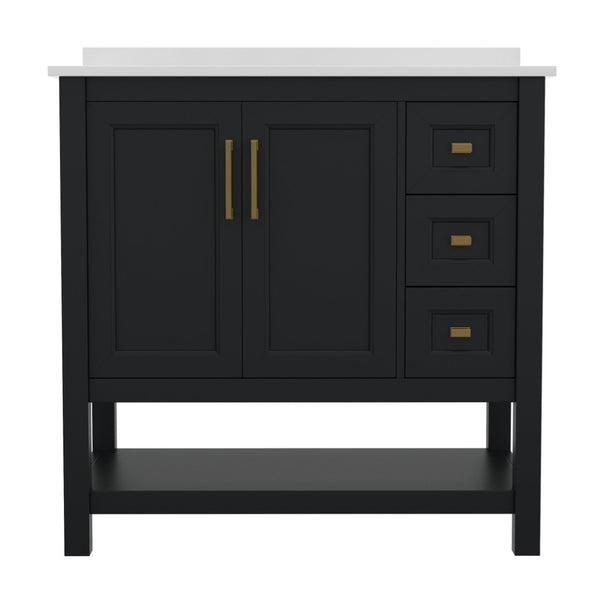 English Elm Vega Bathroom Vanity with Carrara Marble Sink, Soft-Close Storage, and Elegant Open Shelf Design Black Frame/Gold Hardware 36" FS-VEGA36-KD-BK-GLD-GG