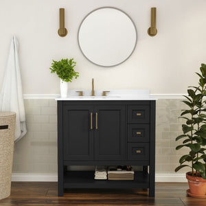 English Elm Vega Bathroom Vanity with Carrara Marble Sink, Soft-Close Storage, and Elegant Open Shelf Design Black Frame/Gold Hardware 36" FS-VEGA36-KD-BK-GLD-GG