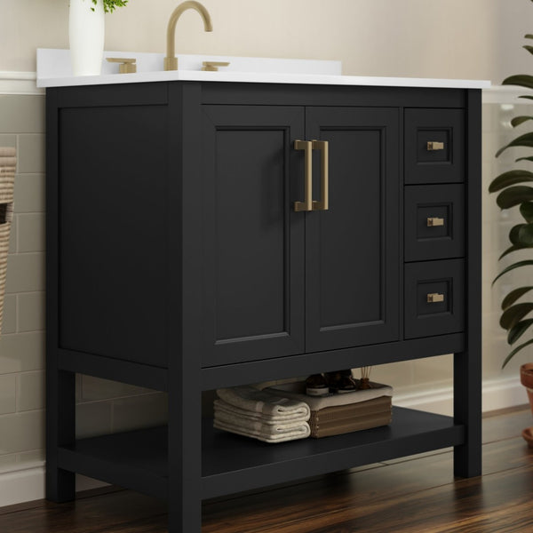 English Elm Vega Bathroom Vanity with Carrara Marble Sink, Soft-Close Storage, and Elegant Open Shelf Design Black Frame/Gold Hardware 36" FS-VEGA36-KD-BK-GLD-GG