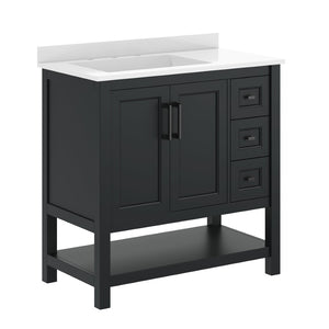 English Elm Vega Bathroom Vanity with Carrara Marble Sink, Soft-Close Storage, and Elegant Open Shelf Design Black Frame/Black Hardware 36" FS-VEGA36-KD-BK-GLD-HDBLK-GG