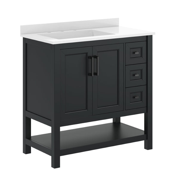 English Elm Vega Bathroom Vanity with Carrara Marble Sink, Soft-Close Storage, and Elegant Open Shelf Design Black Frame/Black Hardware 36" FS-VEGA36-KD-BK-GLD-HDBLK-GG
