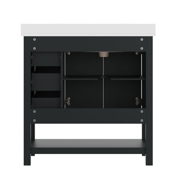 English Elm Vega Bathroom Vanity with Carrara Marble Sink, Soft-Close Storage, and Elegant Open Shelf Design Black Frame/Black Hardware 36" FS-VEGA36-KD-BK-GLD-HDBLK-GG