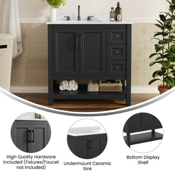 English Elm Vega Bathroom Vanity with Carrara Marble Sink, Soft-Close Storage, and Elegant Open Shelf Design Black Frame/Black Hardware 36" FS-VEGA36-KD-BK-GLD-HDBLK-GG