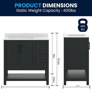 English Elm Vega Bathroom Vanity with Carrara Marble Sink, Soft-Close Storage, and Elegant Open Shelf Design Black Frame/Black Hardware 36" FS-VEGA36-KD-BK-GLD-HDBLK-GG