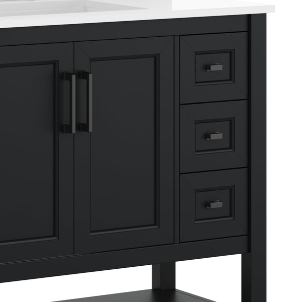 English Elm Vega Bathroom Vanity with Carrara Marble Sink, Soft-Close Storage, and Elegant Open Shelf Design Black Frame/Black Hardware 36" FS-VEGA36-KD-BK-GLD-HDBLK-GG