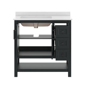 English Elm Vega Bathroom Vanity with Carrara Marble Sink, Soft-Close Storage, and Elegant Open Shelf Design Black Frame/Black Hardware 36" FS-VEGA36-KD-BK-GLD-HDBLK-GG