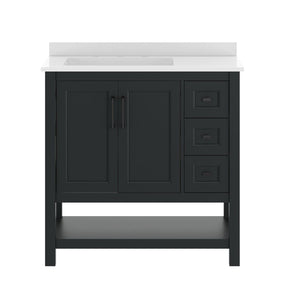 English Elm Vega Bathroom Vanity with Carrara Marble Sink, Soft-Close Storage, and Elegant Open Shelf Design Black Frame/Black Hardware 36" FS-VEGA36-KD-BK-GLD-HDBLK-GG