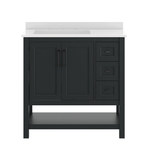 English Elm Vega Bathroom Vanity with Carrara Marble Sink, Soft-Close Storage, and Elegant Open Shelf Design Black Frame/Black Hardware 36" FS-VEGA36-KD-BK-GLD-HDBLK-GG