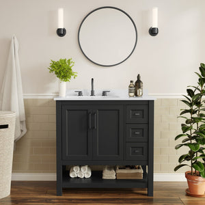 English Elm Vega Bathroom Vanity with Carrara Marble Sink, Soft-Close Storage, and Elegant Open Shelf Design Black Frame/Black Hardware 36" FS-VEGA36-KD-BK-GLD-HDBLK-GG