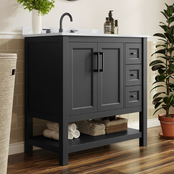 English Elm Vega Bathroom Vanity with Carrara Marble Sink, Soft-Close Storage, and Elegant Open Shelf Design Black Frame/Black Hardware 36" FS-VEGA36-KD-BK-GLD-HDBLK-GG