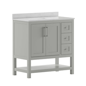 English Elm Vega Bathroom Vanity with Carrara Marble Sink, Soft-Close Storage, and Elegant Open Shelf Design Gray 36" FS-VEGA36-KD-GY-GG