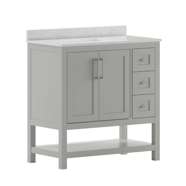 English Elm Vega Bathroom Vanity with Carrara Marble Sink, Soft-Close Storage, and Elegant Open Shelf Design Gray 36" FS-VEGA36-KD-GY-GG