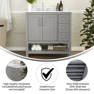 English Elm Vega Bathroom Vanity with Carrara Marble Sink, Soft-Close Storage, and Elegant Open Shelf Design Gray 36" FS-VEGA36-KD-GY-GG