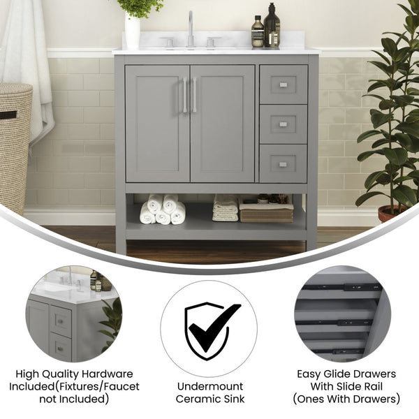 English Elm Vega Bathroom Vanity with Carrara Marble Sink, Soft-Close Storage, and Elegant Open Shelf Design Gray 36" FS-VEGA36-KD-GY-GG