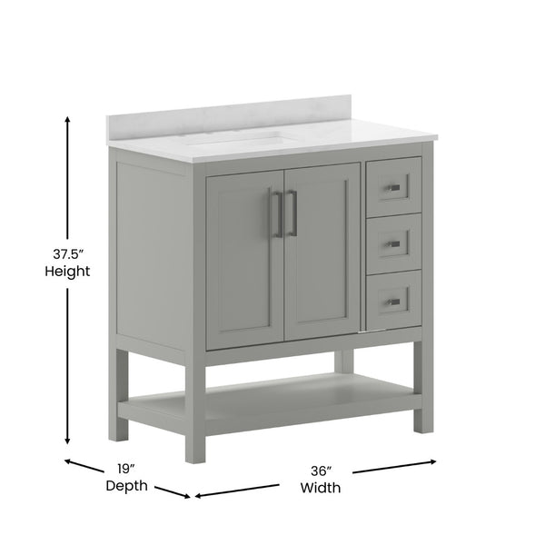 English Elm Vega Bathroom Vanity with Carrara Marble Sink, Soft-Close Storage, and Elegant Open Shelf Design Gray 36" FS-VEGA36-KD-GY-GG