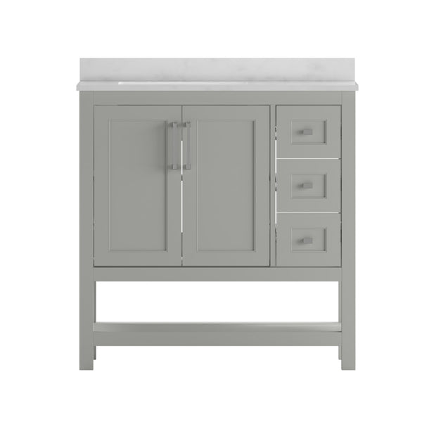 English Elm Vega Bathroom Vanity with Carrara Marble Sink, Soft-Close Storage, and Elegant Open Shelf Design Gray 36" FS-VEGA36-KD-GY-GG