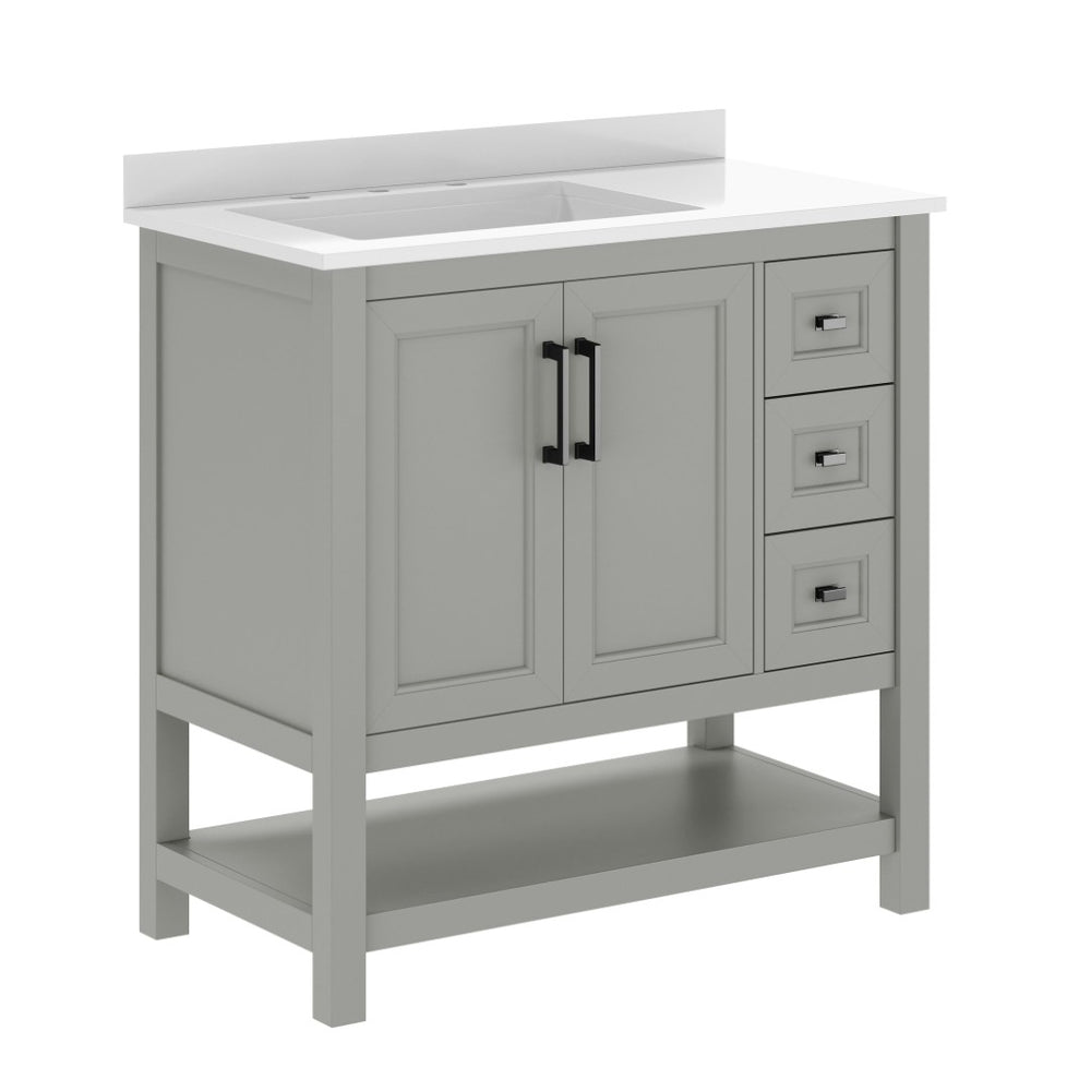 English Elm Vega Bathroom Vanity with Carrara Marble Sink, Soft-Close Storage, and Elegant Open Shelf Design Gray Frame/Black Hardware 36" FS-VEGA36-KD-GY-HDBLK-GG