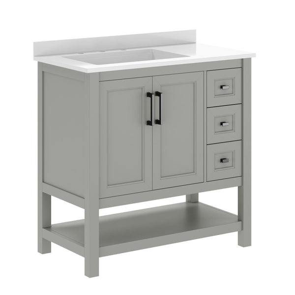 English Elm Vega Bathroom Vanity with Carrara Marble Sink, Soft-Close Storage, and Elegant Open Shelf Design Gray Frame/Black Hardware 36" FS-VEGA36-KD-GY-HDBLK-GG