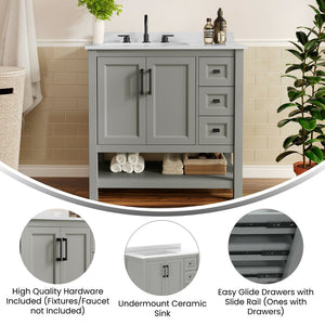 English Elm Vega Bathroom Vanity with Carrara Marble Sink, Soft-Close Storage, and Elegant Open Shelf Design Gray Frame/Black Hardware 36" FS-VEGA36-KD-GY-HDBLK-GG
