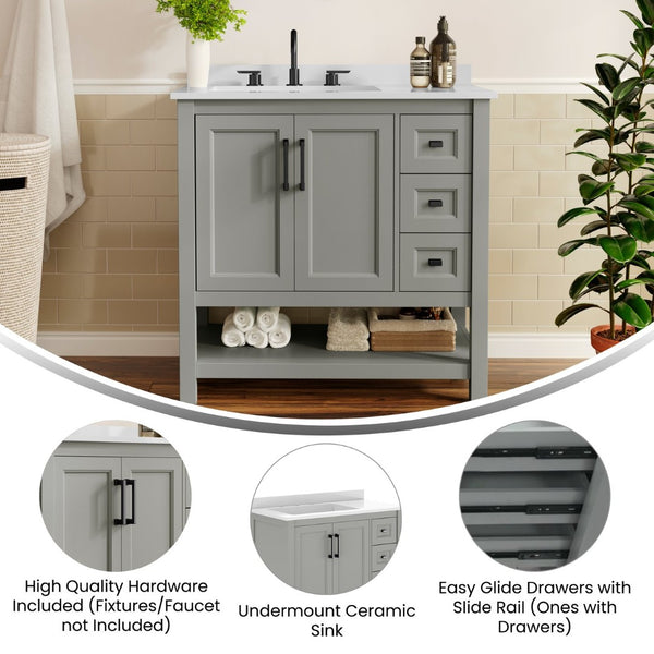 English Elm Vega Bathroom Vanity with Carrara Marble Sink, Soft-Close Storage, and Elegant Open Shelf Design Gray Frame/Black Hardware 36" FS-VEGA36-KD-GY-HDBLK-GG
