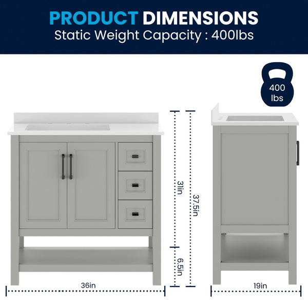 English Elm Vega Bathroom Vanity with Carrara Marble Sink, Soft-Close Storage, and Elegant Open Shelf Design Gray Frame/Black Hardware 36" FS-VEGA36-KD-GY-HDBLK-GG