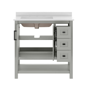English Elm Vega Bathroom Vanity with Carrara Marble Sink, Soft-Close Storage, and Elegant Open Shelf Design Gray Frame/Black Hardware 36" FS-VEGA36-KD-GY-HDBLK-GG