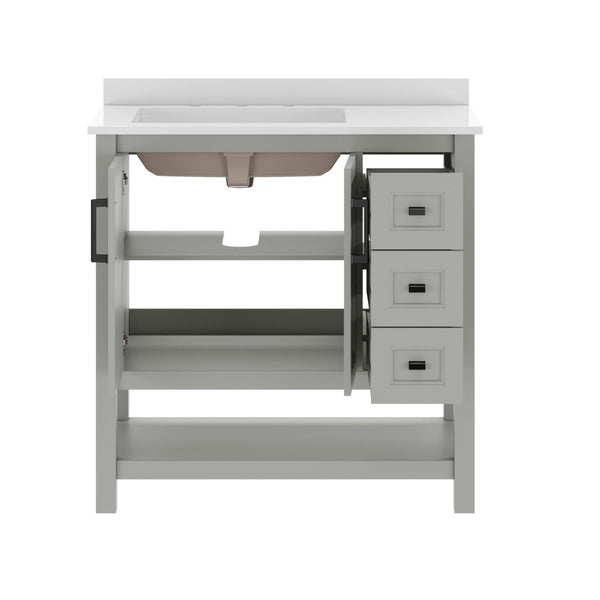 English Elm Vega Bathroom Vanity with Carrara Marble Sink, Soft-Close Storage, and Elegant Open Shelf Design Gray Frame/Black Hardware 36" FS-VEGA36-KD-GY-HDBLK-GG