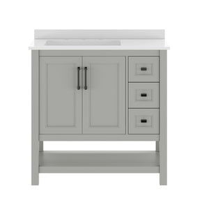 English Elm Vega Bathroom Vanity with Carrara Marble Sink, Soft-Close Storage, and Elegant Open Shelf Design Gray Frame/Black Hardware 36" FS-VEGA36-KD-GY-HDBLK-GG