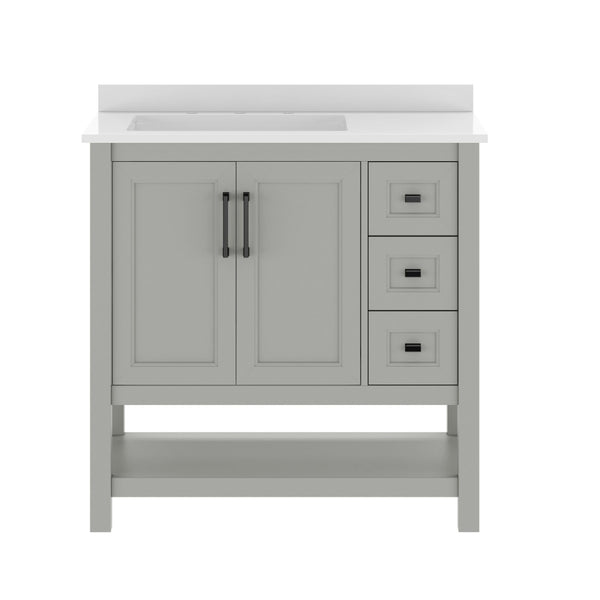 English Elm Vega Bathroom Vanity with Carrara Marble Sink, Soft-Close Storage, and Elegant Open Shelf Design Gray Frame/Black Hardware 36" FS-VEGA36-KD-GY-HDBLK-GG