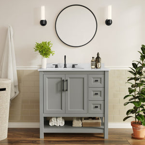 English Elm Vega Bathroom Vanity with Carrara Marble Sink, Soft-Close Storage, and Elegant Open Shelf Design Gray Frame/Black Hardware 36" FS-VEGA36-KD-GY-HDBLK-GG