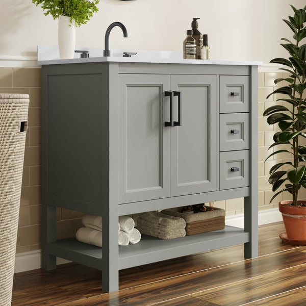 English Elm Vega Bathroom Vanity with Carrara Marble Sink, Soft-Close Storage, and Elegant Open Shelf Design Gray Frame/Black Hardware 36" FS-VEGA36-KD-GY-HDBLK-GG