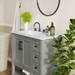 English Elm Vega Bathroom Vanity with Carrara Marble Sink, Soft-Close Storage, and Elegant Open Shelf Design Gray Frame/Black Hardware 36" FS-VEGA36-KD-GY-HDBLK-GG