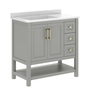 English Elm Vega Bathroom Vanity with Carrara Marble Sink, Soft-Close Storage, and Elegant Open Shelf Design Gray Frame/Gold Hardware 36" FS-VEGA36-KD-GY-HDGLD-GG