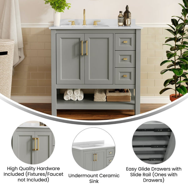 English Elm Vega Bathroom Vanity with Carrara Marble Sink, Soft-Close Storage, and Elegant Open Shelf Design Gray Frame/Gold Hardware 36" FS-VEGA36-KD-GY-HDGLD-GG
