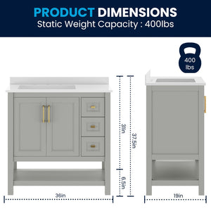 English Elm Vega Bathroom Vanity with Carrara Marble Sink, Soft-Close Storage, and Elegant Open Shelf Design Gray Frame/Gold Hardware 36" FS-VEGA36-KD-GY-HDGLD-GG