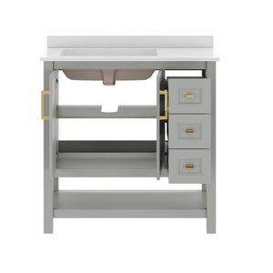 English Elm Vega Bathroom Vanity with Carrara Marble Sink, Soft-Close Storage, and Elegant Open Shelf Design Gray Frame/Gold Hardware 36" FS-VEGA36-KD-GY-HDGLD-GG