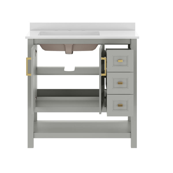 English Elm Vega Bathroom Vanity with Carrara Marble Sink, Soft-Close Storage, and Elegant Open Shelf Design Gray Frame/Gold Hardware 36" FS-VEGA36-KD-GY-HDGLD-GG