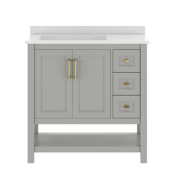 English Elm Vega Bathroom Vanity with Carrara Marble Sink, Soft-Close Storage, and Elegant Open Shelf Design Gray Frame/Gold Hardware 36" FS-VEGA36-KD-GY-HDGLD-GG