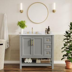 English Elm Vega Bathroom Vanity with Carrara Marble Sink, Soft-Close Storage, and Elegant Open Shelf Design Gray Frame/Gold Hardware 36" FS-VEGA36-KD-GY-HDGLD-GG