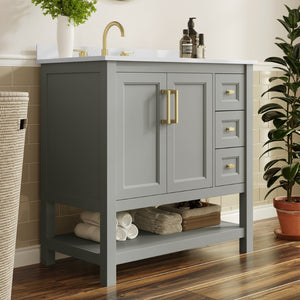 English Elm Vega Bathroom Vanity with Carrara Marble Sink, Soft-Close Storage, and Elegant Open Shelf Design Gray Frame/Gold Hardware 36" FS-VEGA36-KD-GY-HDGLD-GG