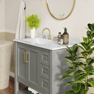 English Elm Vega Bathroom Vanity with Carrara Marble Sink, Soft-Close Storage, and Elegant Open Shelf Design Gray Frame/Gold Hardware 36" FS-VEGA36-KD-GY-HDGLD-GG