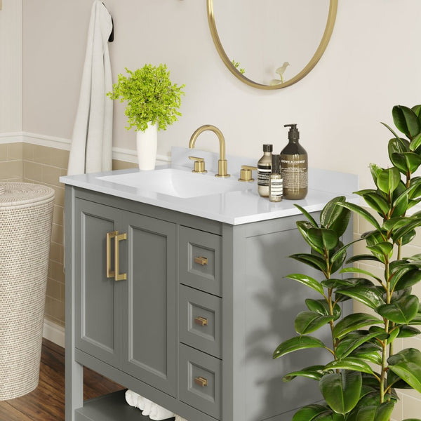 English Elm Vega Bathroom Vanity with Carrara Marble Sink, Soft-Close Storage, and Elegant Open Shelf Design Gray Frame/Gold Hardware 36" FS-VEGA36-KD-GY-HDGLD-GG