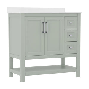 English Elm Vega Bathroom Vanity with Carrara Marble Sink, Soft-Close Storage, and Elegant Open Shelf Design Sage Frame/Nickel Hardware 36" FS-VEGA36-KD-SG-GG