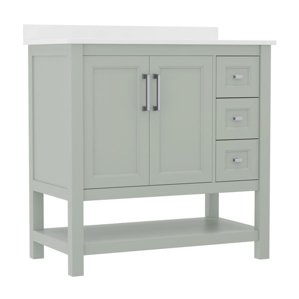 English Elm Vega Bathroom Vanity with Carrara Marble Sink, Soft-Close Storage, and Elegant Open Shelf Design Sage Frame/Nickel Hardware 36" FS-VEGA36-KD-SG-GG