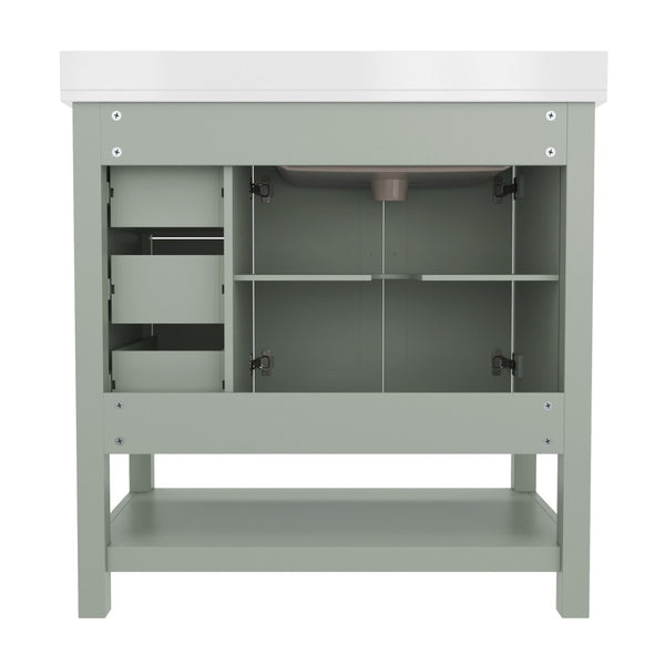 English Elm Vega Bathroom Vanity with Carrara Marble Sink, Soft-Close Storage, and Elegant Open Shelf Design Sage Frame/Nickel Hardware 36" FS-VEGA36-KD-SG-GG