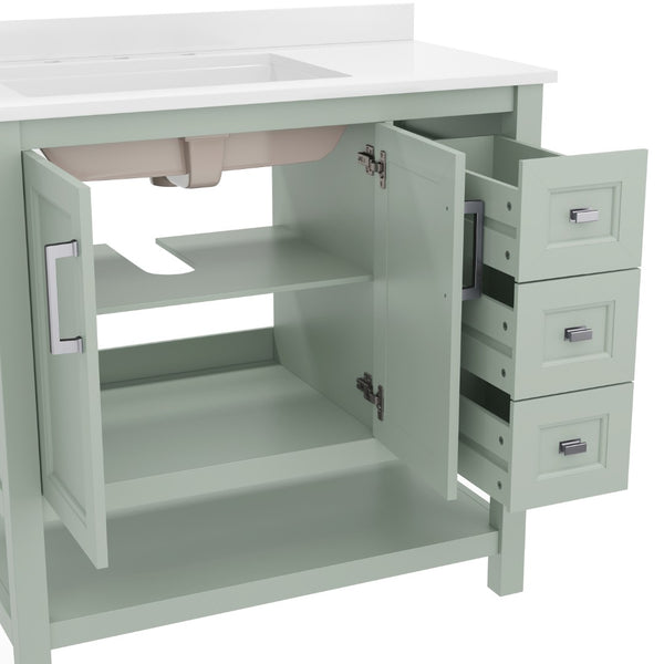 English Elm Vega Bathroom Vanity with Carrara Marble Sink, Soft-Close Storage, and Elegant Open Shelf Design Sage Frame/Nickel Hardware 36" FS-VEGA36-KD-SG-GG