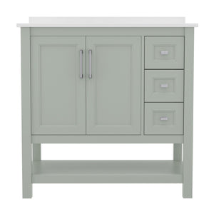 English Elm Vega Bathroom Vanity with Carrara Marble Sink, Soft-Close Storage, and Elegant Open Shelf Design Sage Frame/Nickel Hardware 36" FS-VEGA36-KD-SG-GG